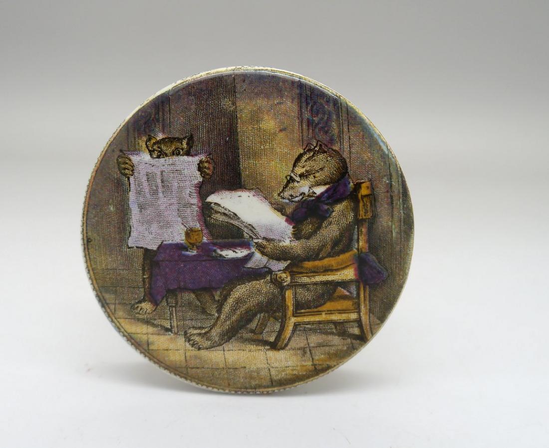 Bears Reading Newspapers. Prattware Bears Grease Pot Lid
